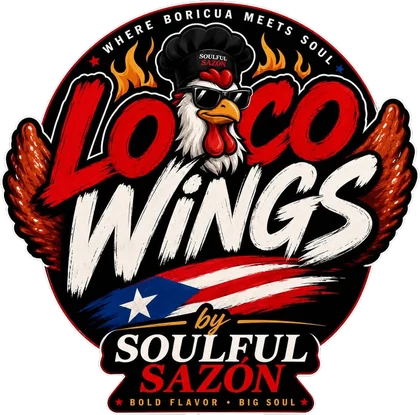 Loco Wings by Soulful Sazón logo: a rooster chef with flaming wings