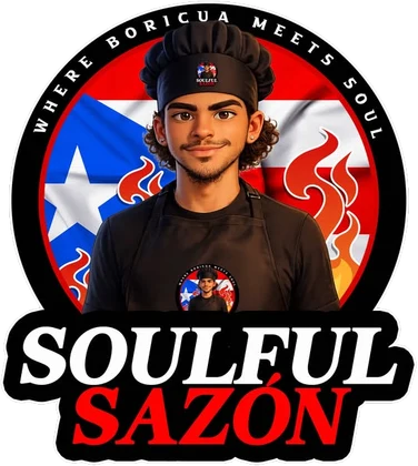 Soulful Sazón logo: a chef in front of a Puerto Rican flag